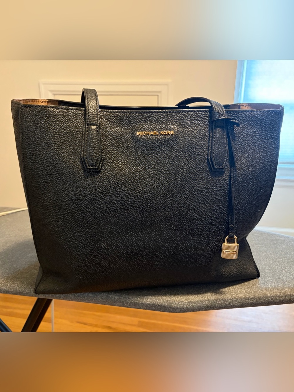 Michael Kors Black Pebbled Leather Tote with Gold Accent